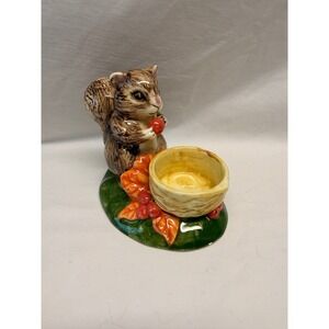 Vintage Ceramic Squirrel Figurine Votive Candle Holder Autumn Leaves Berries